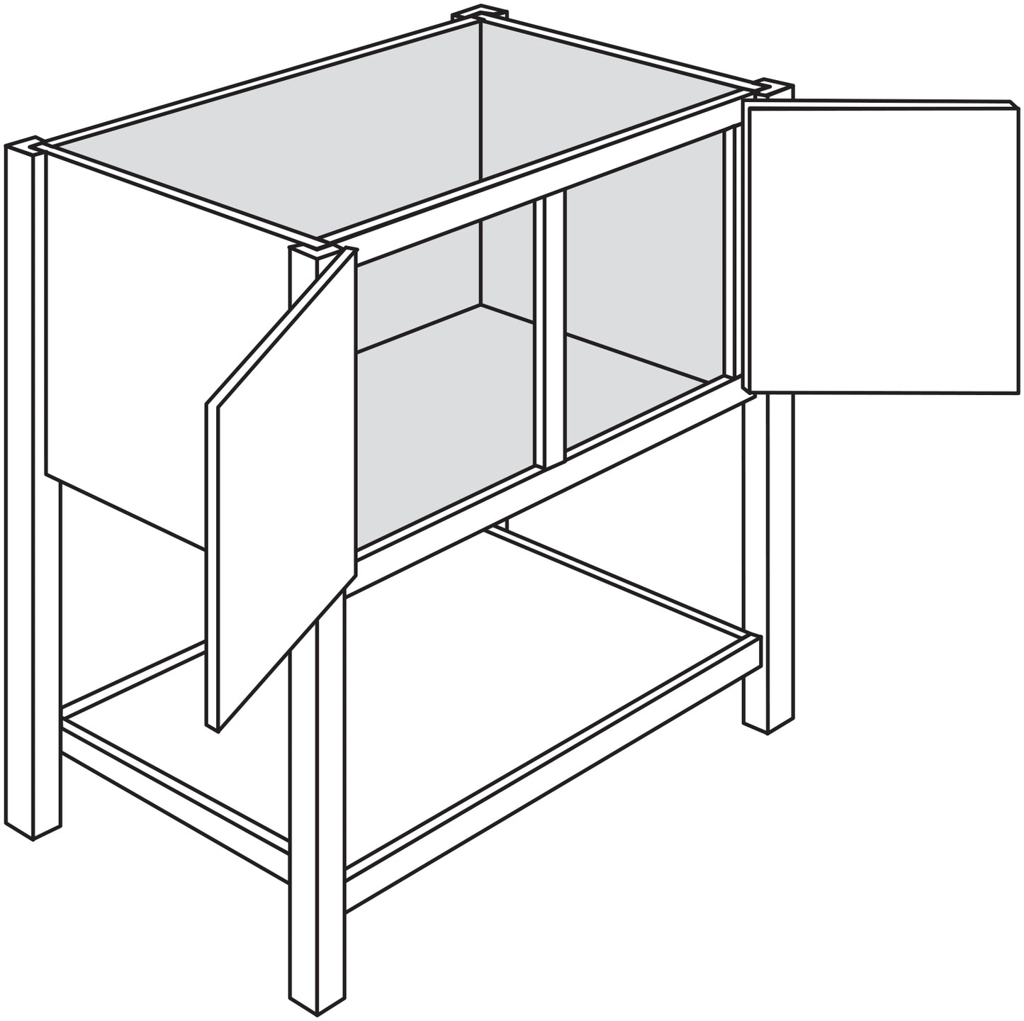 Line drawing of a white vanity with open doors and a shelf