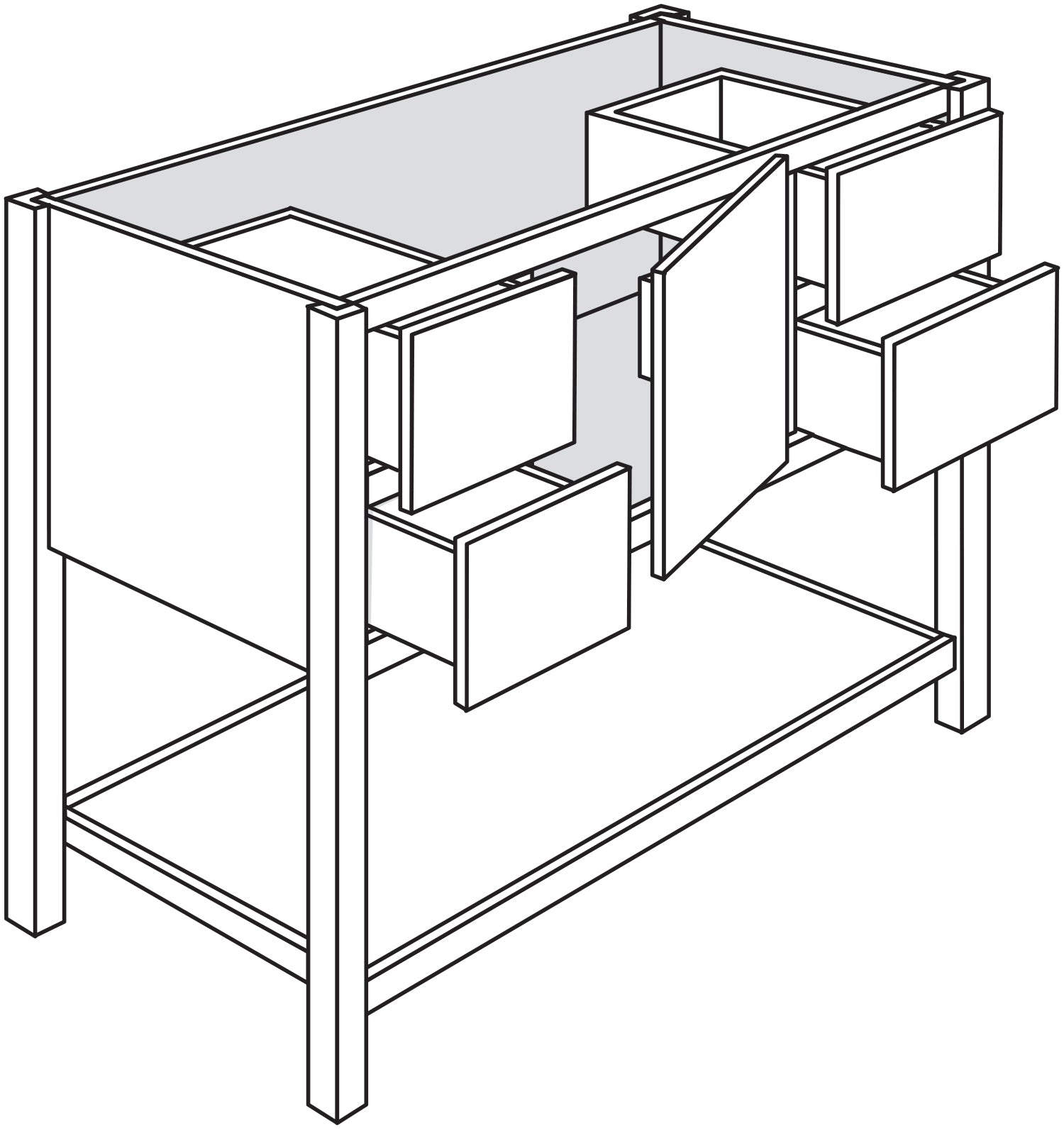 Line drawing of a bathroom vanity with multiple compartments and an open shelf beneath the sink area.