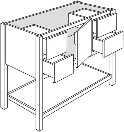 Line drawing of a bathroom vanity with multiple compartments and an open shelf beneath the sink area.