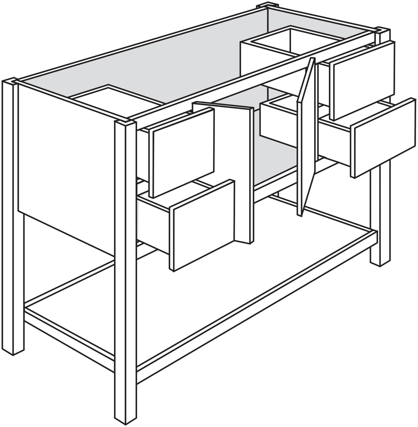 Line drawing of a bathroom vanity base showing the frame and drawer locations.