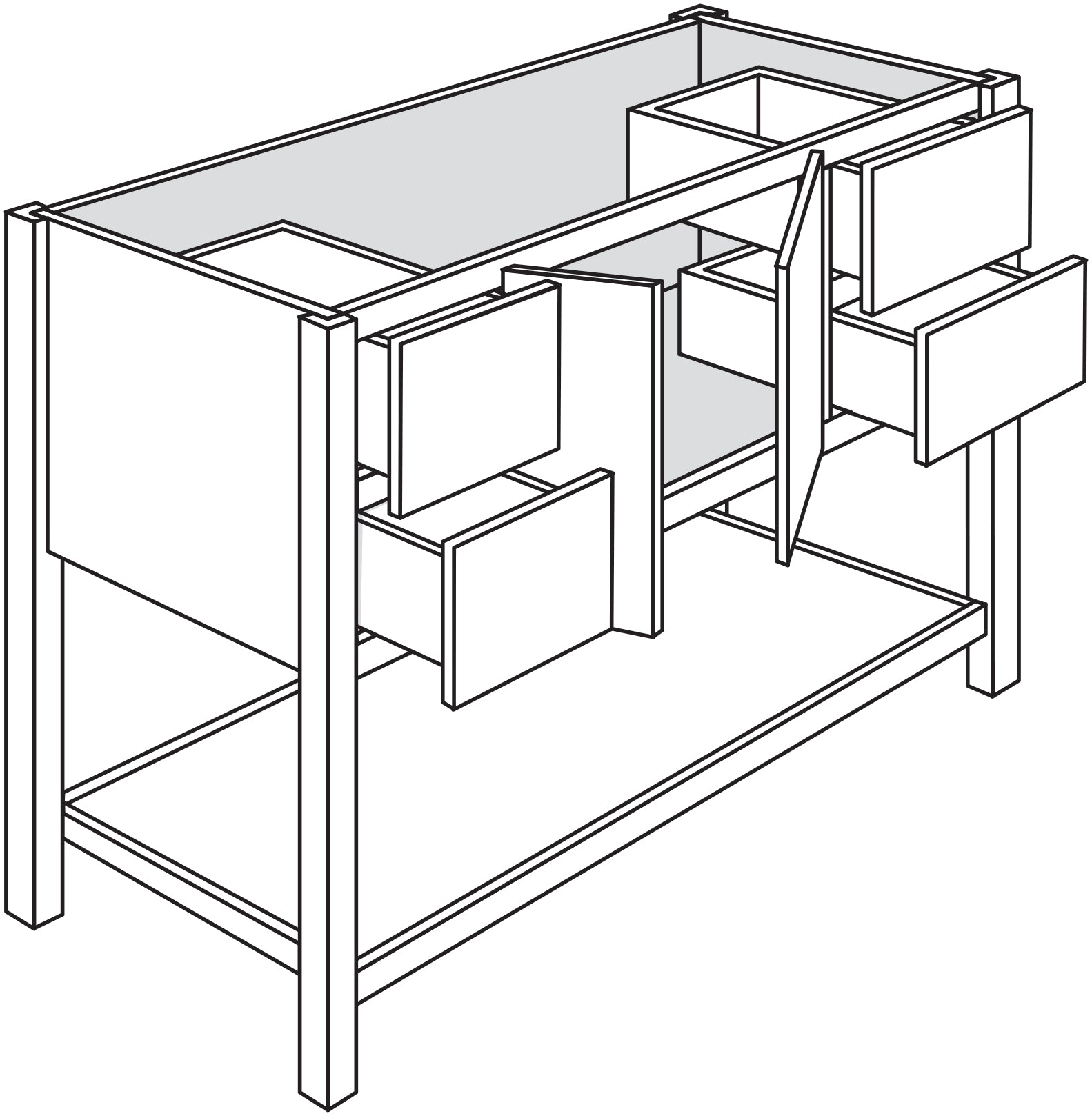 Line drawing of a bathroom vanity base showing the frame and drawer locations.