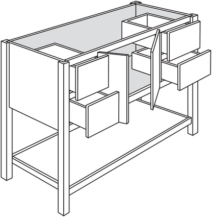 Line drawing of a bathroom vanity base showing the frame and drawer locations.