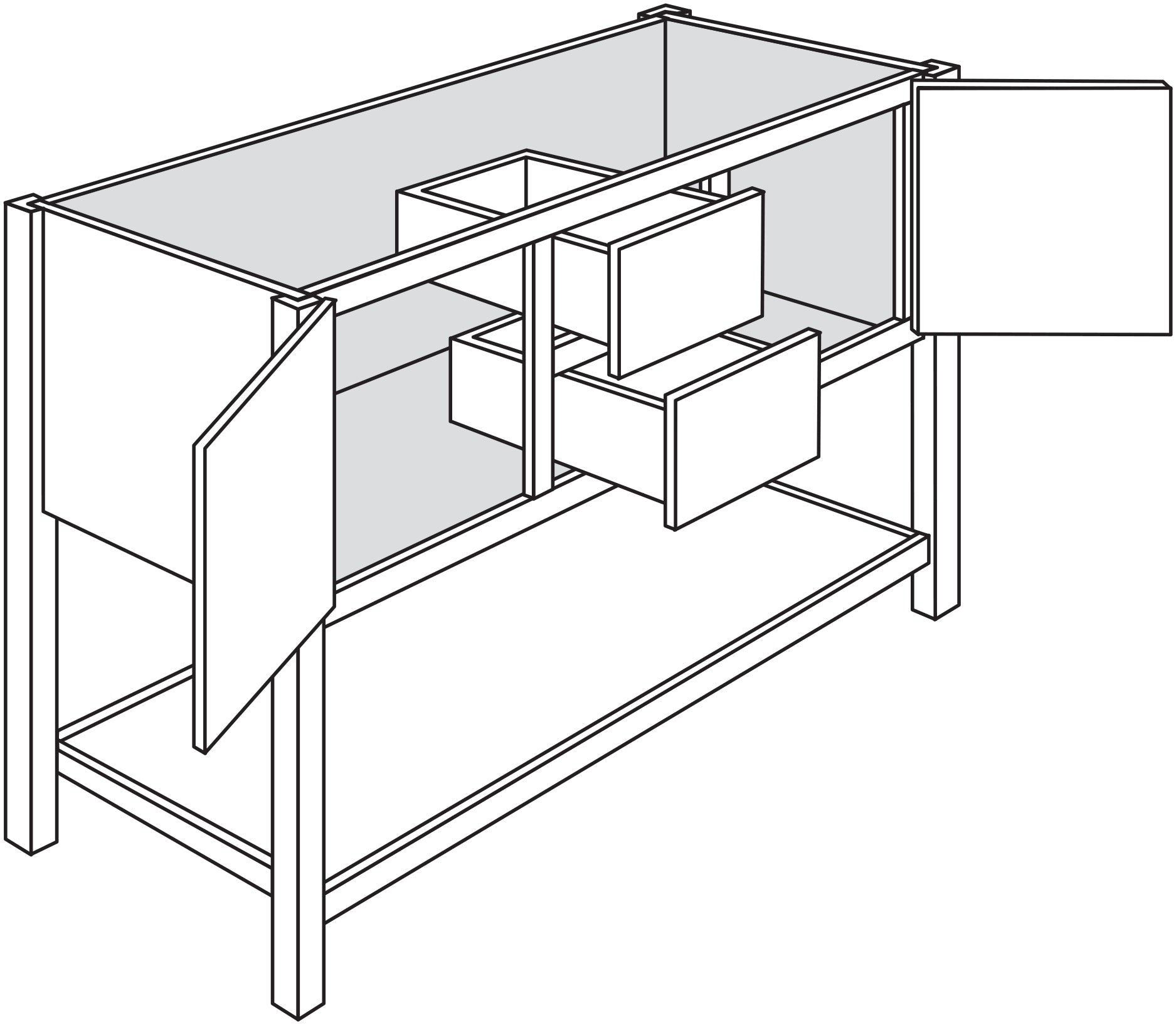 Line drawing of a white Trenton furniture vanity with an open design showing the sink area and storage space.