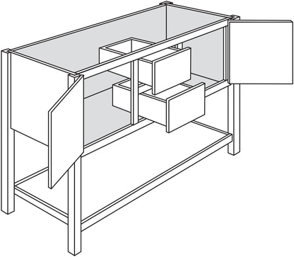 Line drawing of a white Trenton furniture vanity with an open design showing the sink area and storage space.