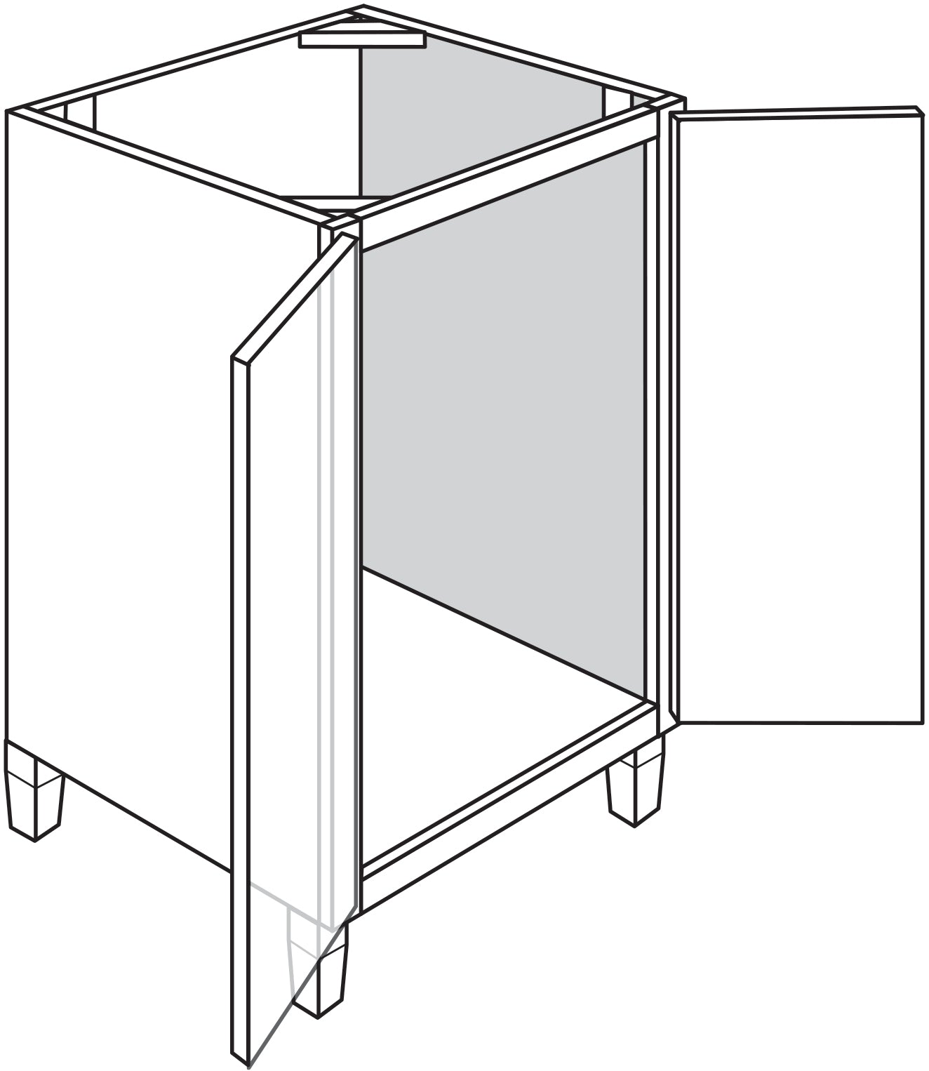 Line drawing of a single sink vanity cabinet with feet