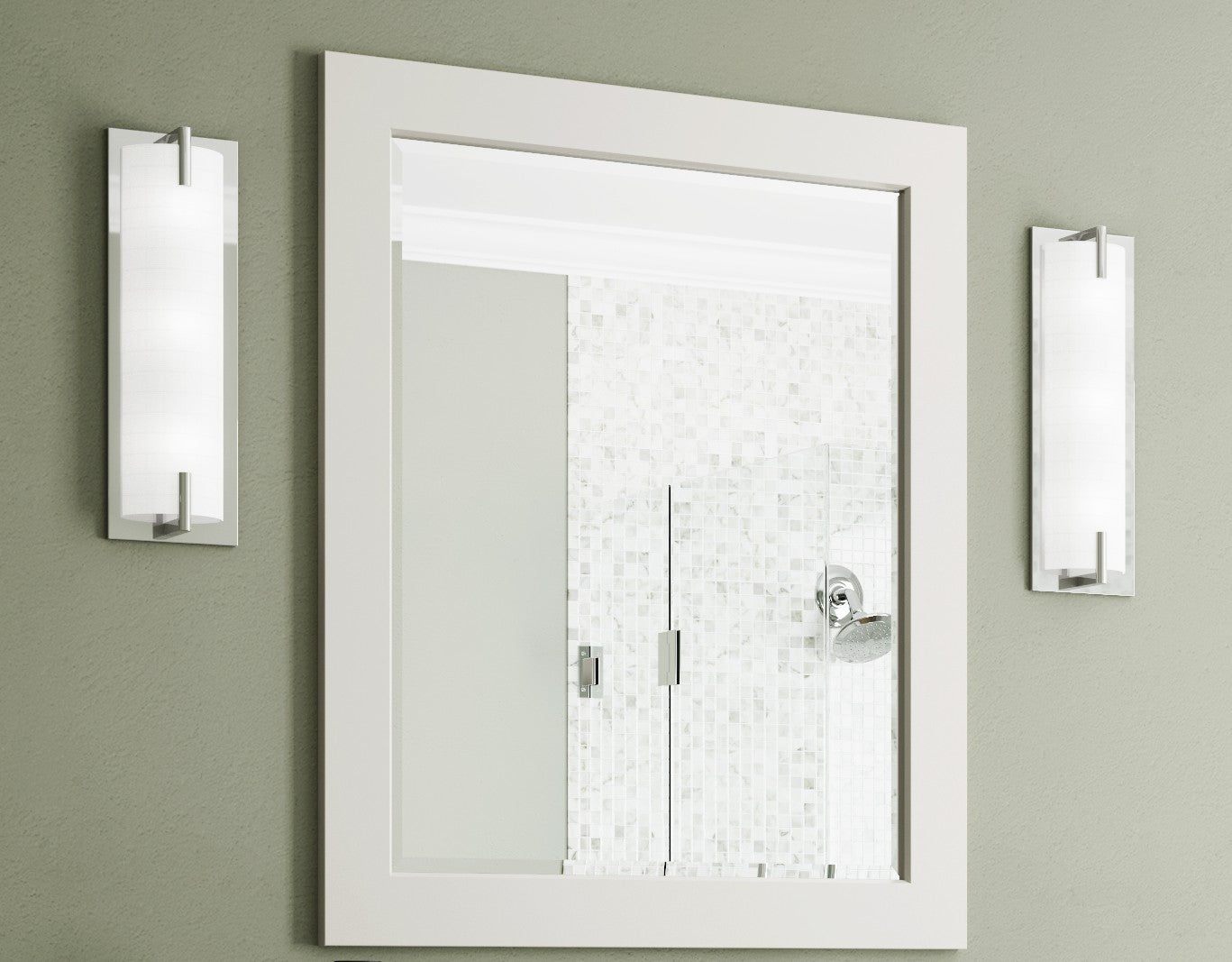 Bathroom mirror with white frame and light fixture on a gray wall
