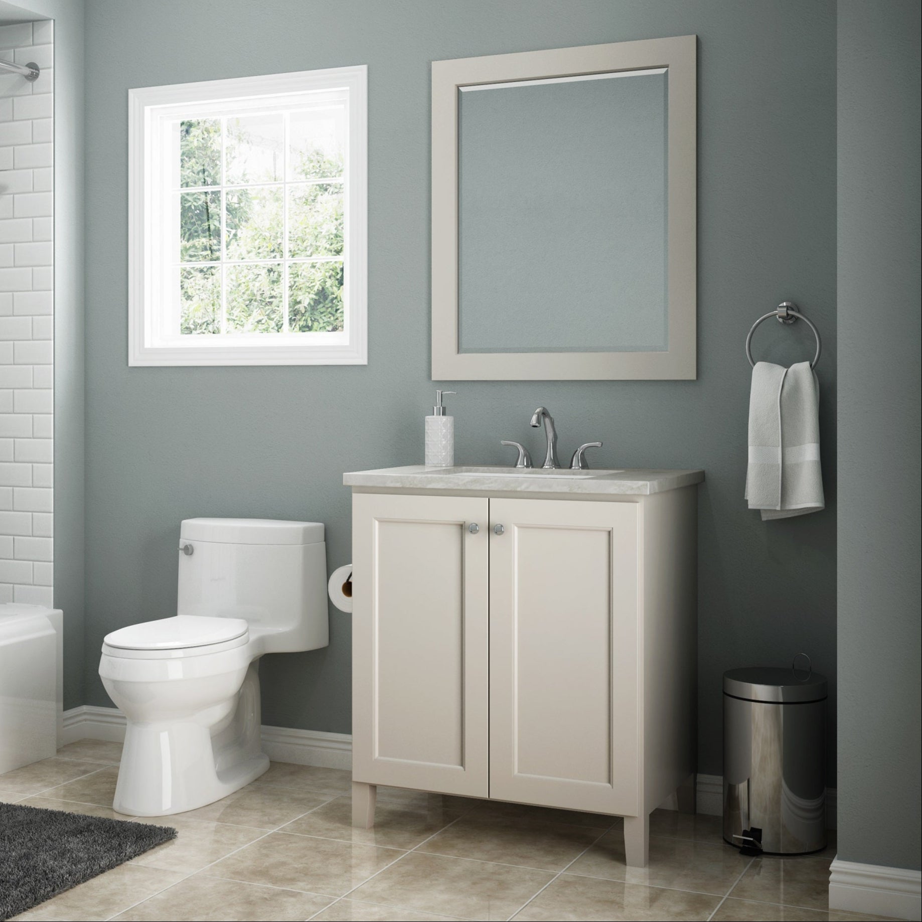 An image showing a Trenton single sink vanity cabinet with a colored frame, measuring 24 inches in width and 30 inches in height.