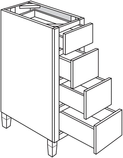 Line drawing of a bathroom vanity base with tapered legs and multiple drawers.