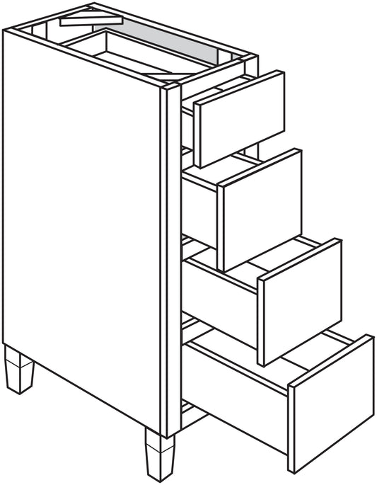 Line drawing of a bathroom vanity base with tapered legs and multiple drawers.